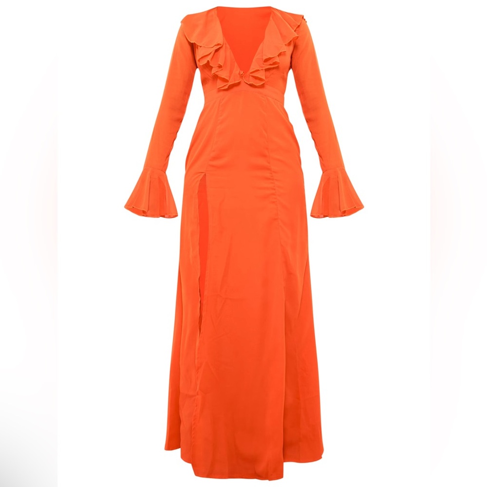 Bright Orange Plunge Ruffle Frill Maxi Dress Pretty Little Thing